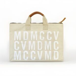 CLARE V. MIKE D MDCV beige white canvas Roman numeral zipper slim tote bag